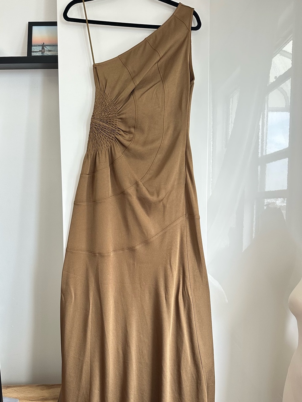 A.L.C. NWT One Shoulder Satin Maxi Dress‎ Olive Brown Ruched Wedding Guest
